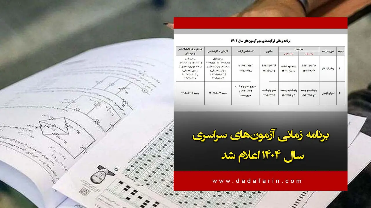 سازمان ملی سنجش و نظام آموزشی کشور در اطلاعیه‌ای برنامه زمانی مهمترین آزمون‌های سال 1404 را اعلام کرد.